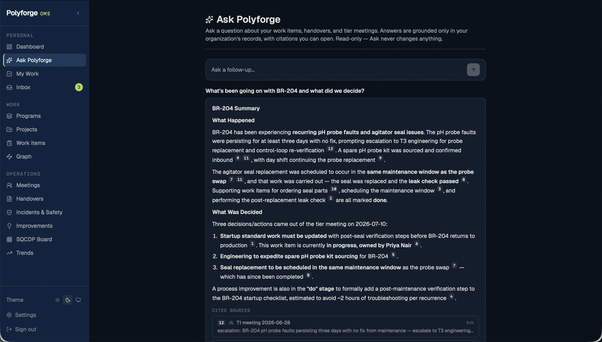Ask Polyforge answering a plain-English question about BR-204 with a synthesized summary and numbered citations to the underlying handover, tier meeting, and work items.
